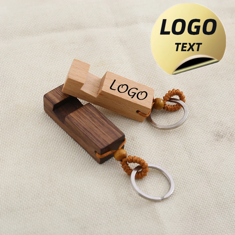 Laser Engrave Wooden Keychain Custom LOGO Metal Blank Phone Holder Wood Car Keyring Pendant Personalize Key Chains Company Gift