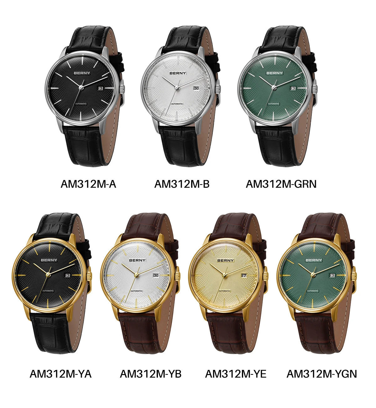 BERNY Automatikuhren für Herren, luxuriöse klassische mechanische Herrenuhr, gewölbtes Glas, Kalender, elegante, schlanke Armbanduhr – Detail 9