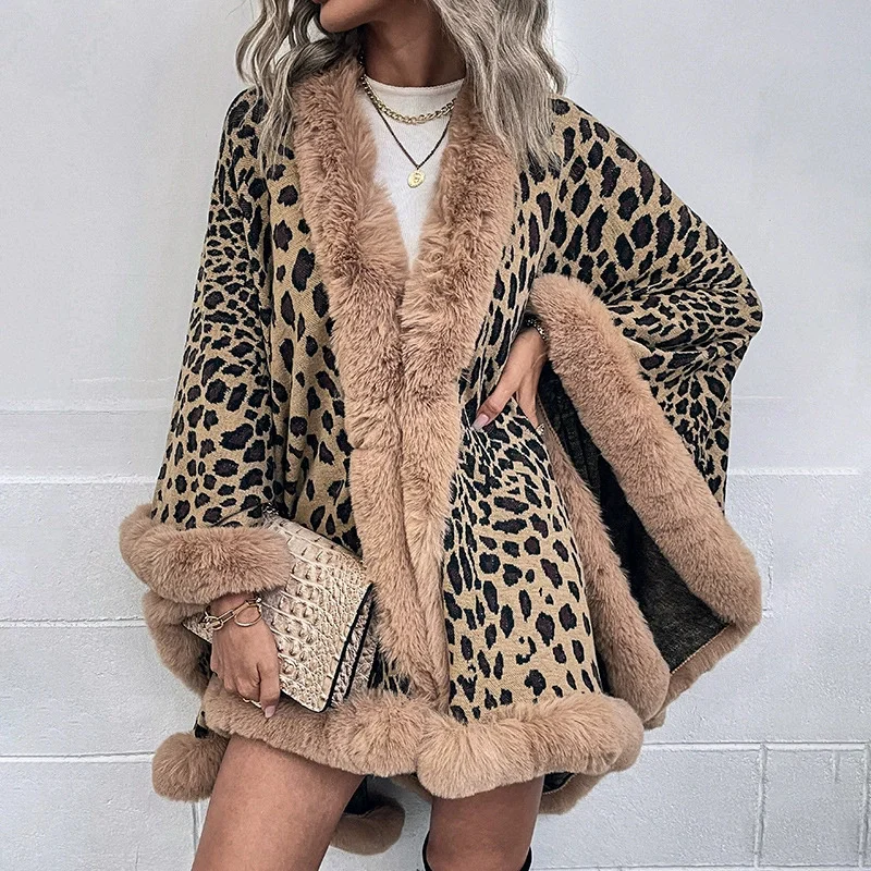 Ciepłe Oversize Leopard Printed Long Poncho Capes Women Wear Loose Overcoat Bat Type Winter Faux Fur Knitted Outstreet Shawl Cloak