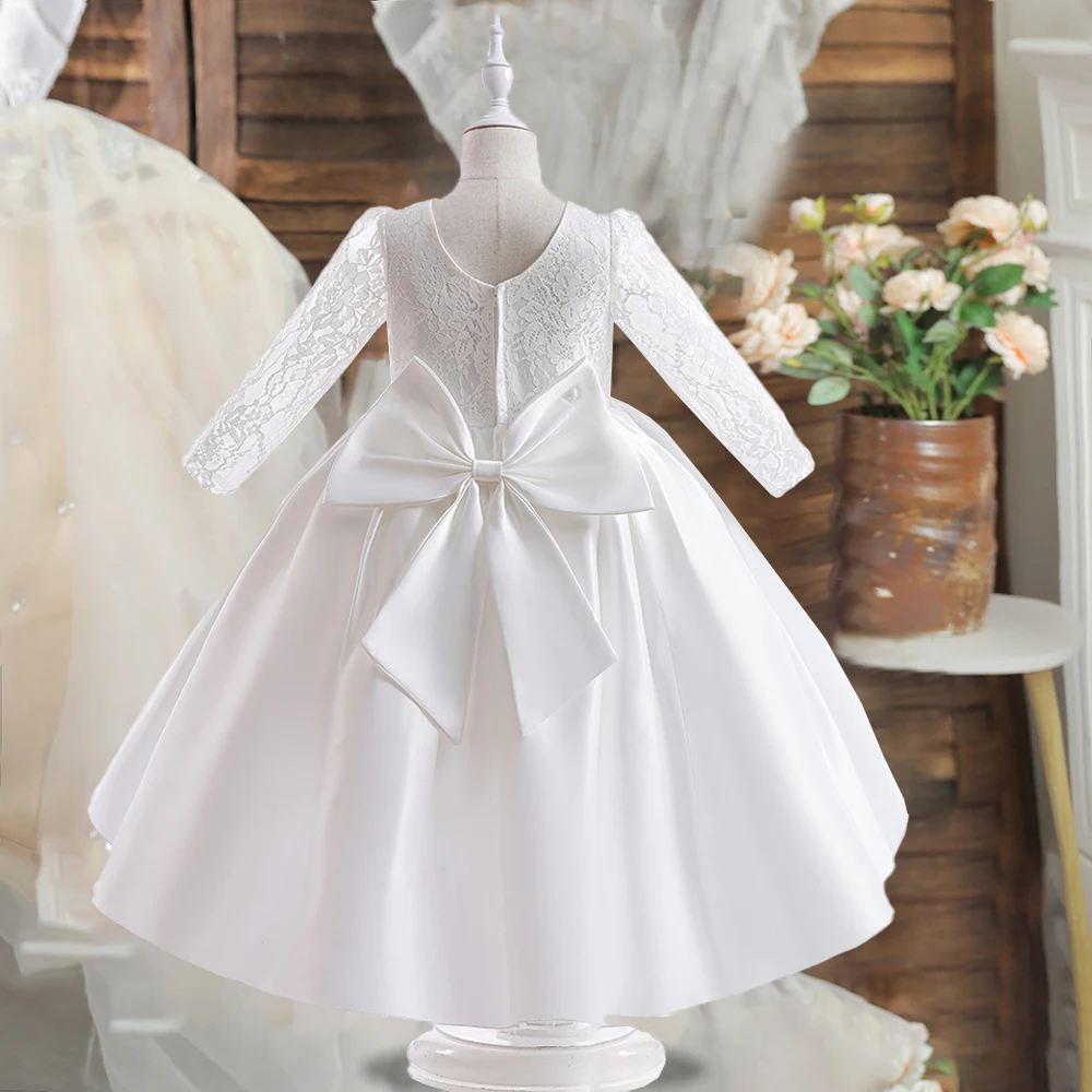 Kids Wedding Party Dresses Girls Bow White Flower Long Sleeved Costume Clothes Children Birthday Princess Gown Evening Vestidos