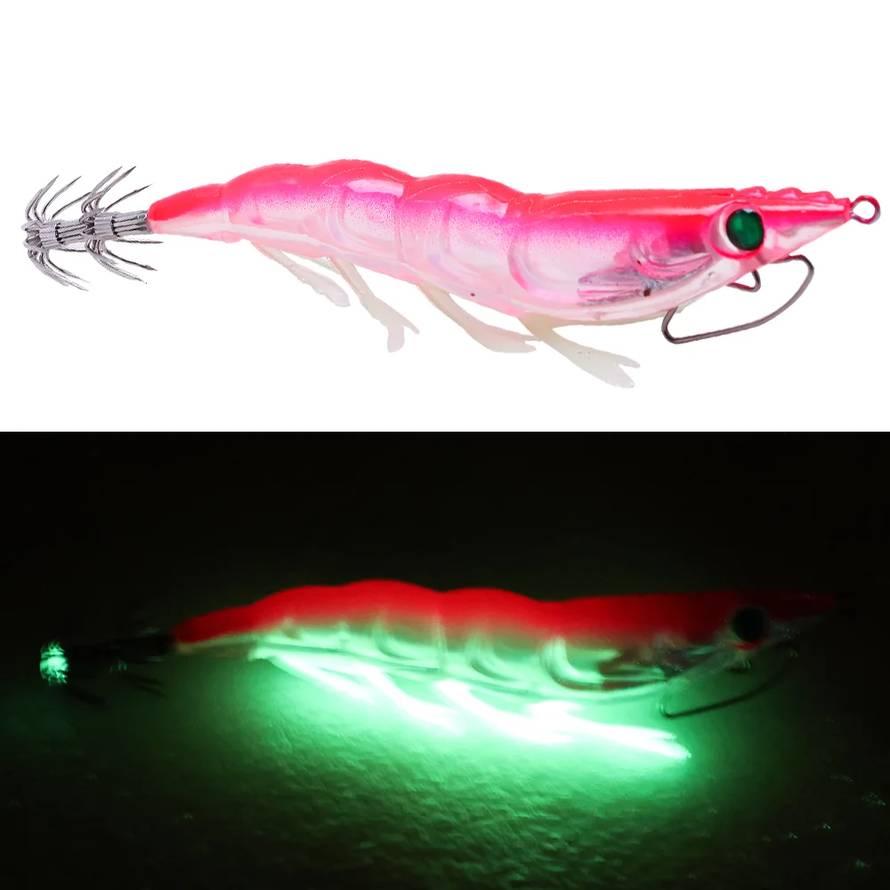 1 gancio per calamari gamberetti in legno con perline luminose al buio e sonore, utilizzato come accessorio da pesca per la pesca in mare