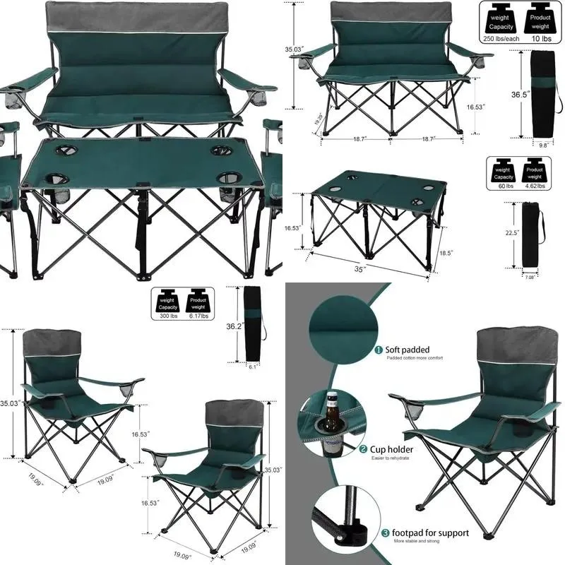 Oversized Camping Chair Set with Table Outdoor Folding Heavy Duty Lawn Chair Cup Holder Portable Double
