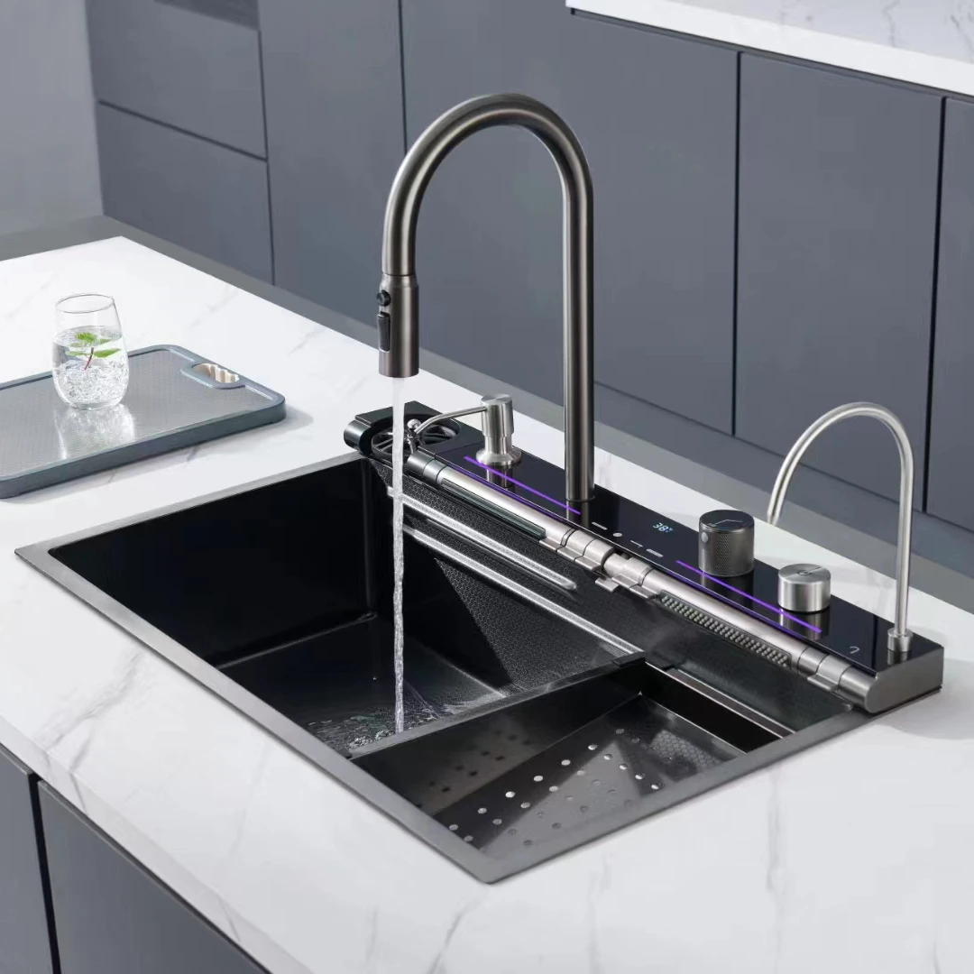 Complete Whole Set Waterfall Kitchen Sink Undermount Handmade Smart Waterfall Multifunction Kitchen Sink Stainless Steel 304