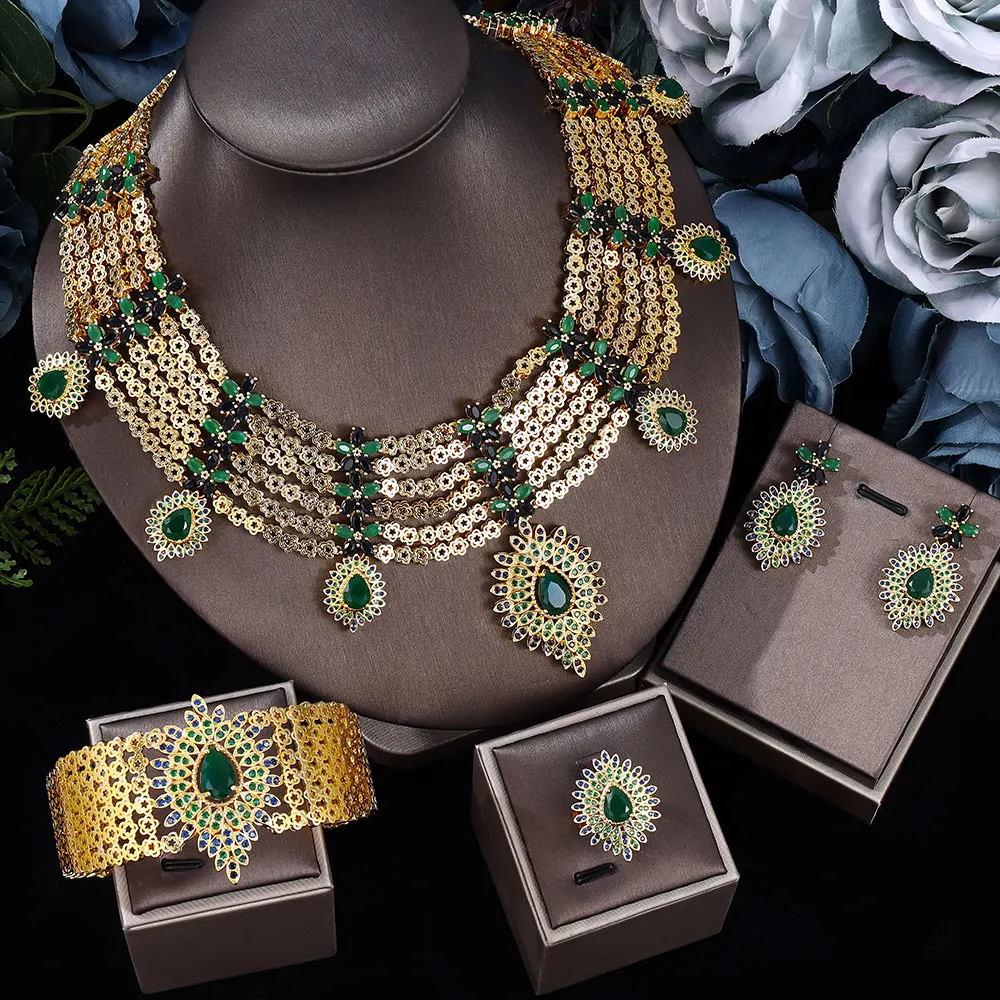 

Big Heavy African Dubai Bridal Wedding Jewelry Sets Luxury Statment Jewelry Necklace Cuff Bracelet 4pcs Jewelry Set