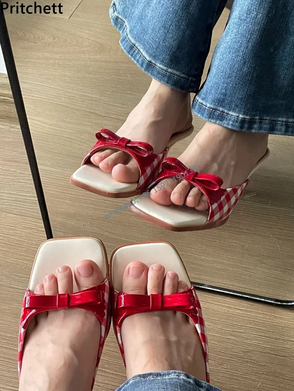 Retro Plaid Bow Sandals Kitten Heels White Red French Style Peep Toe Shoes Mixed Color Sweet and Cute Women's Vocation Shoes