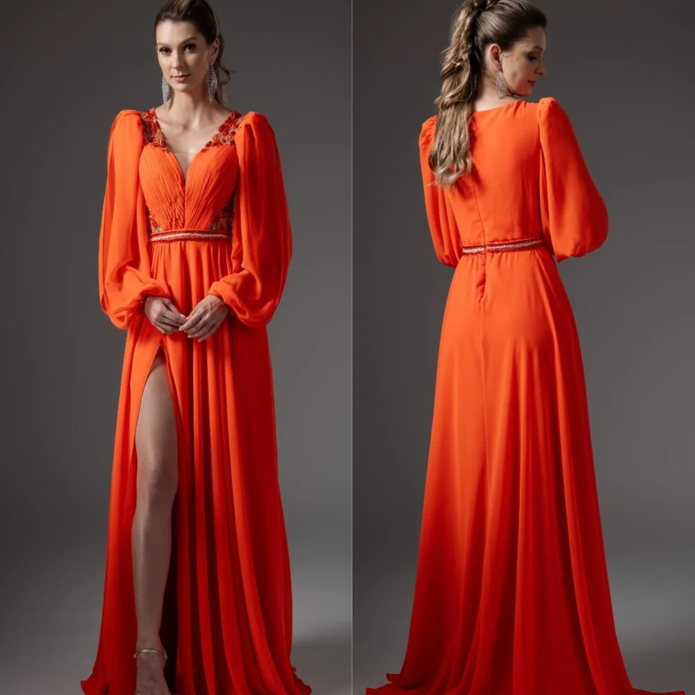 Jersey Sequined Flower Beading Ruched Homecoming A-line V-neck Bespoke Occasion Gown Long Dresses