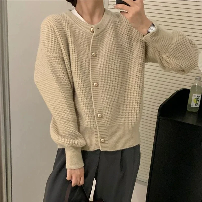 Casual Loose Hecks Knitted Cardigan Soft Comfort Versatile O-Neck Sweater Coat Woman Korean Fashion Solid Button-up Cardigans