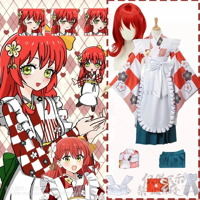 

Anime The Rock! Cosplay Kita Ikuyo Costume Japanese Jirai Kei Girls Red Kimono Dress Kawaii Cute Lolita Pink Wigs Customized