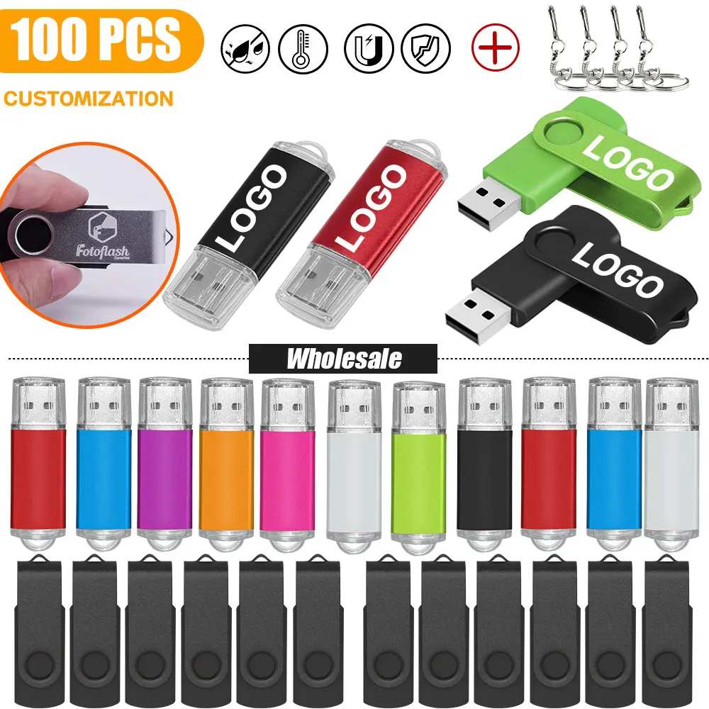 100 Uds. Unidad Flash USB 2,0 con logotipo personalizado, 4GB, 8GB, 16GB, 32GB, 64GB, memoria USB de alta velocidad, unidad Flash Pendrive