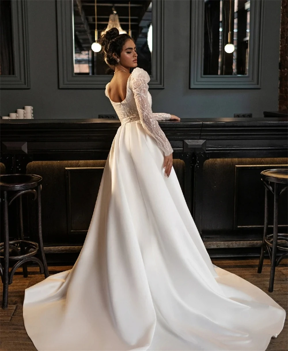 Customized Graceful Vintage Square Neck Sparkle Mermaid Dress Ruffled Lace Shoulder Detachable Glossy Train for Bride Reception