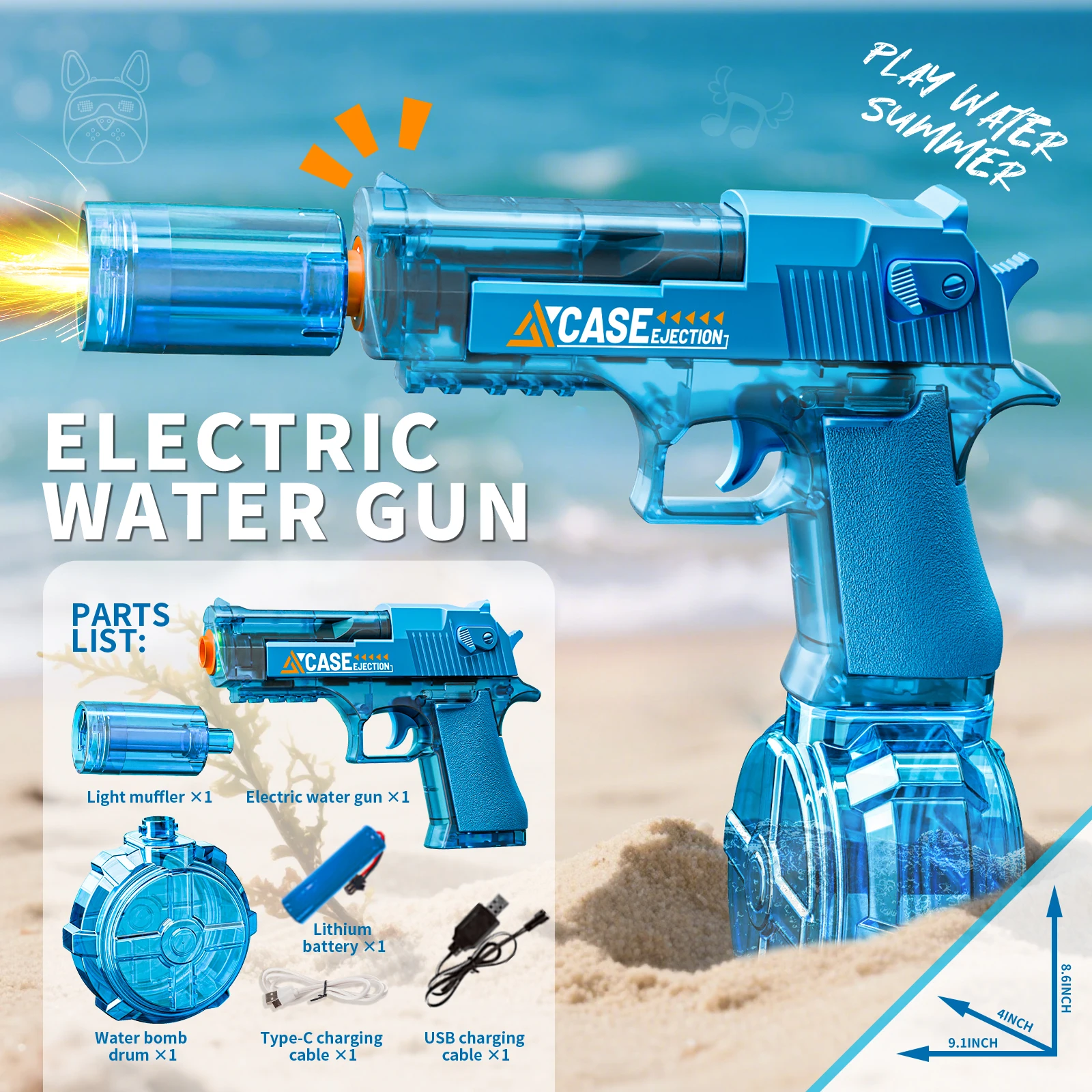 Electric Water Gun Rechargeable Automatic Spray Gun Toys with Muzzle Flame Children Summer Outdoor Beach Shooting Toys