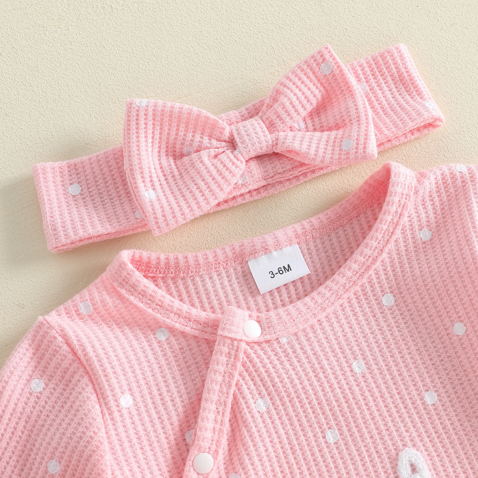 Baby Girls Waffle Footed Romper Letter Embroidery Dotted Long Sleeves Fall Jumpsuits Cute Headband Clothes
