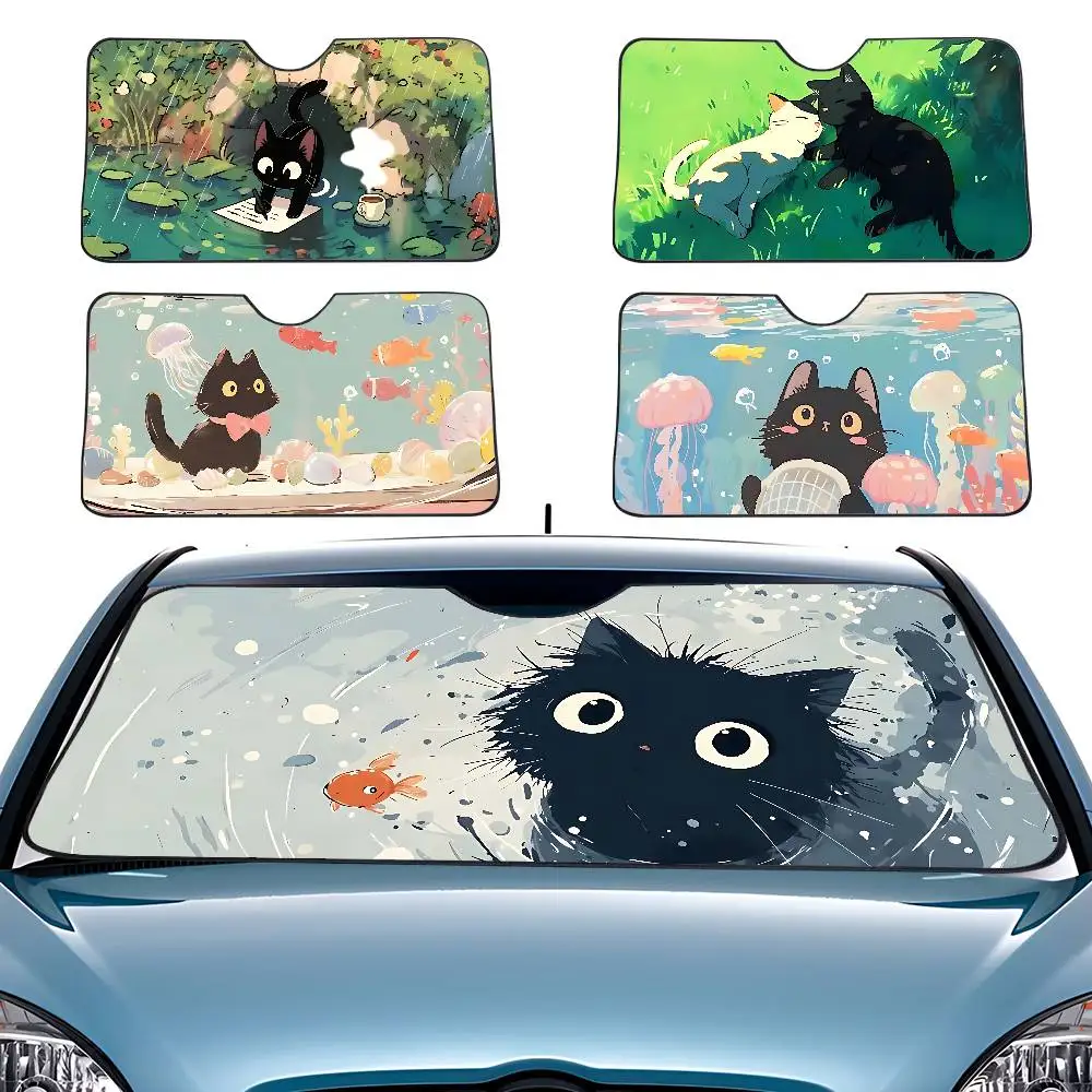 Niedlicher schwarzer Katzen-Sonnenschutz für die Windschutzscheibe, 70x130cm, Sonnenschutz, Sonnenschutz, Solar-Schutz, kariert, Geschenk, Neuheit fürs Auto