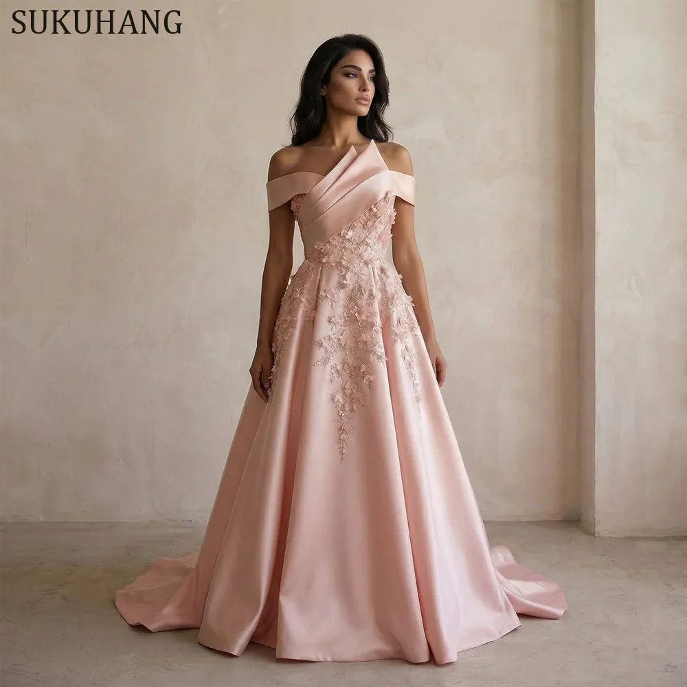 

Вечернее платье SUKUHANG с открытыми плечами, А-силуэта, с аппликациями, расшитое бисером, плиссированное, для свадеб и вечеринок в Дубае, на заказ
