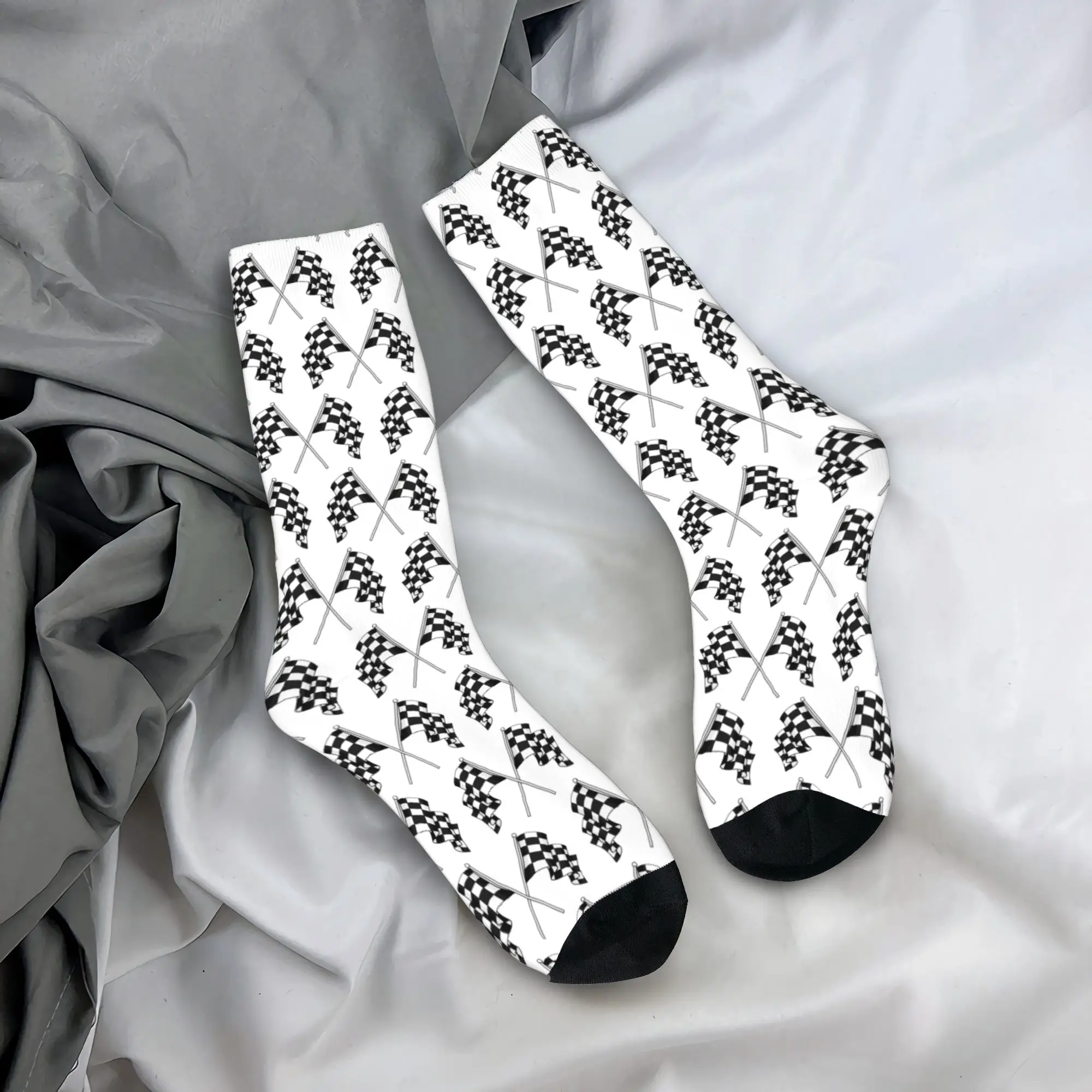 Crossed Waving Checkered Racing Flags Socks  Graphic Stockings Anti Skid Men Socks Warm Soft Autumn Modern Running Socks