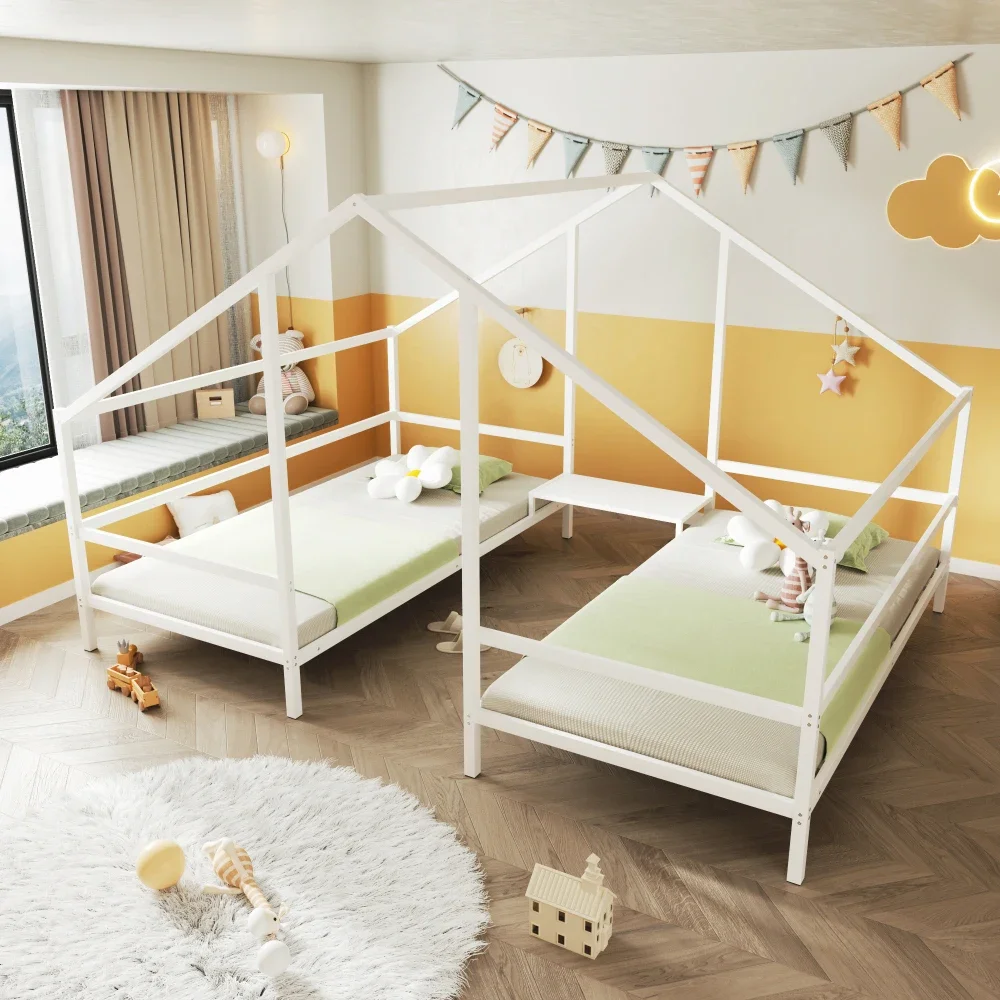 Children Beds Metal Double Triangular House Bed with Built-in Table,Toddler Bed Kids Bed Bunk Beds for Kids Suitable for Twins