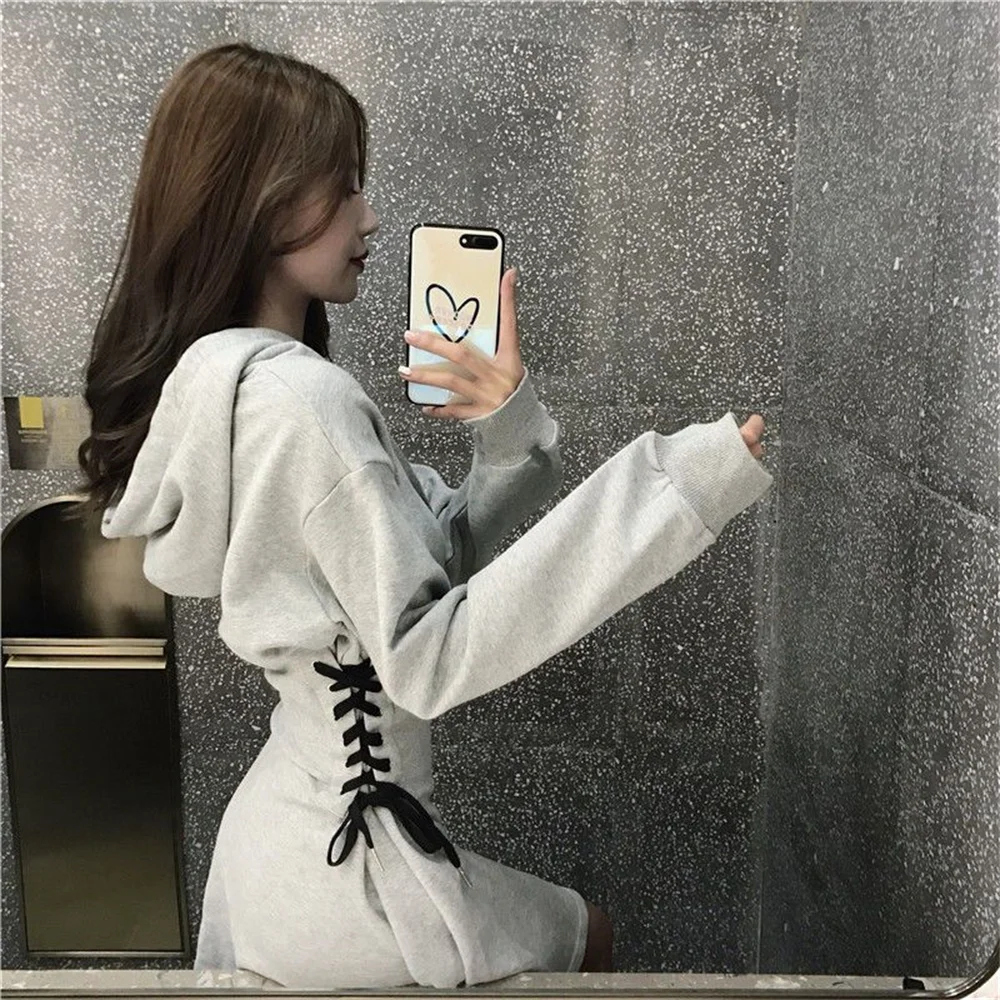 Streetwear Mini Dress Spring Autumn Korean High Waist Lace Up Slim Vestidos Women Harajuku Hooded Bandage A Line Dresses