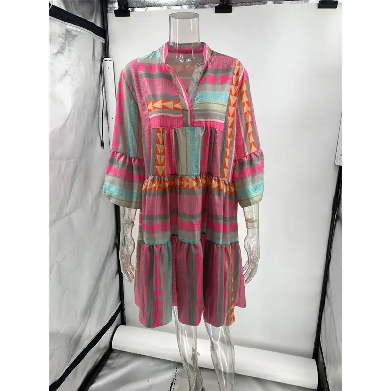 Autunno Stampa V-ne 7/8 Sve Dr Faion Independent Station da donna Abito transfrontaliero in cotone e lino Bell Sve