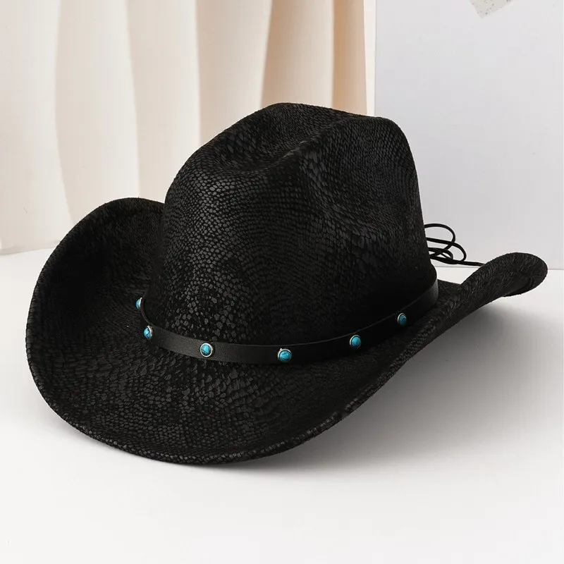 Unique snake-skin cracked denim , Western-style British jazz , top , personalized turquoise hat, European and American