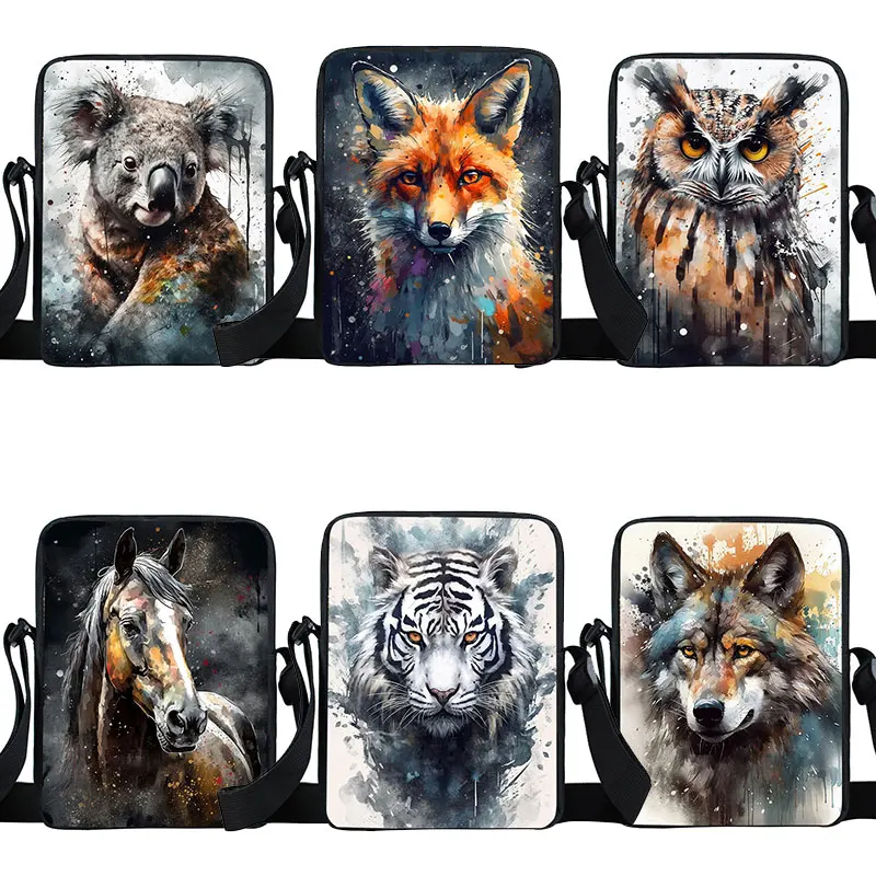 Paint Splatter Koala Owl Horse Tiger Wolf Print Messenger Bag Women Shoulder Bags for Travel Teenage Male Crossbody Bag Bookbags