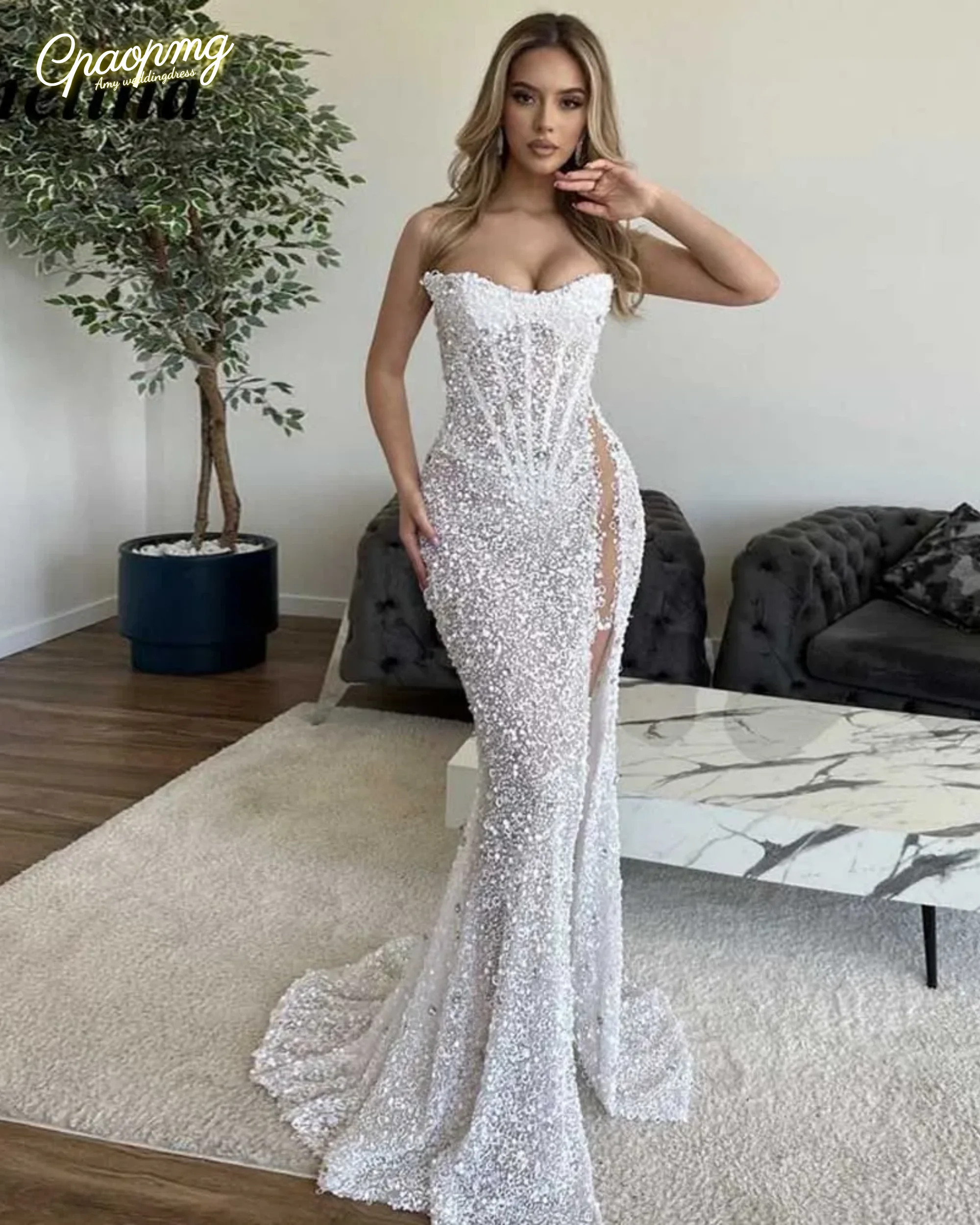 Customized Fashionable Trumpet Graduation Dress Sequined Strapless Split Sweep Train Sleeveless Illusion