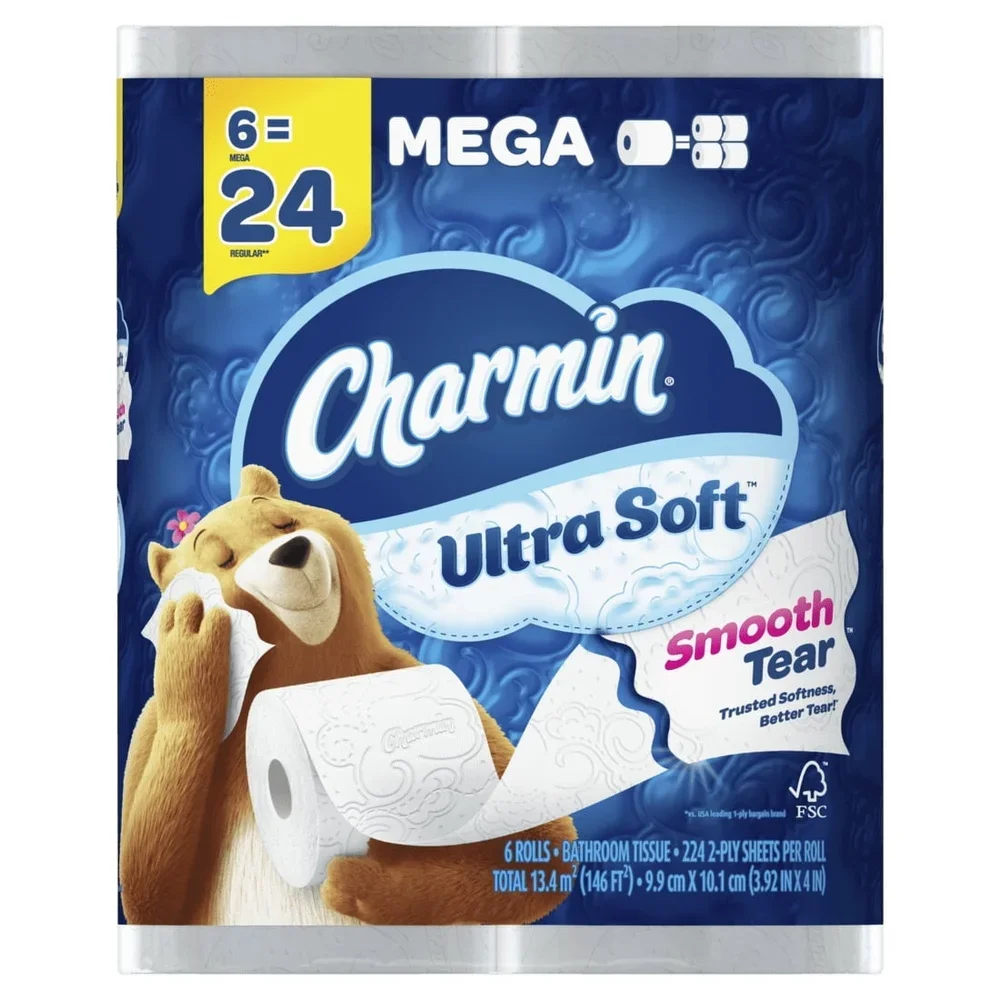Ultra Soft Toilet Paper 6 Mega Rolls 2 Ply Septic Safe 1344 Sheets Absorbent Irresistible Softness Perforated Clean Tearing
