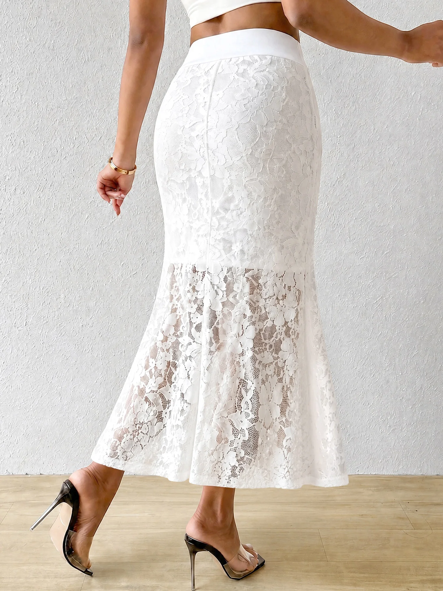 White Semi Sheer Lace Layered Fishtail Midi Skirt Women High Waist Slim Skirt