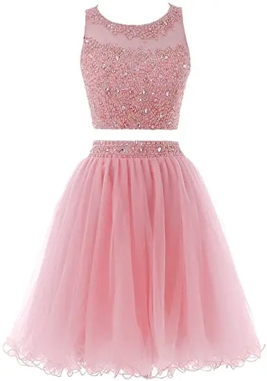 

ANGELSBRIDEP Two Pieces Homecoming Dress A Line Sheer Neck Beading Tulle Hollow Back Short Mini 8th Graduation Party Gowns