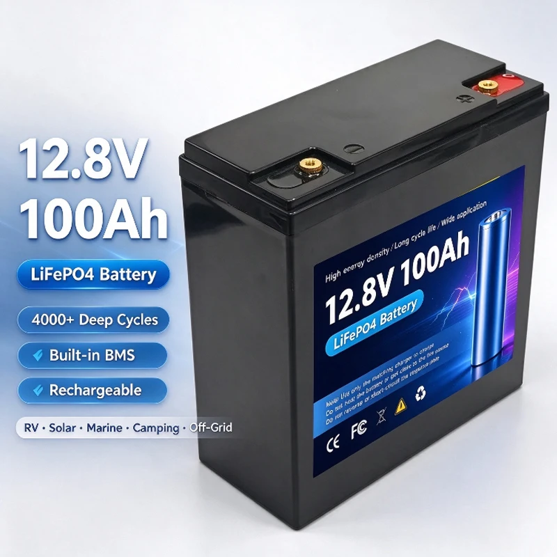 12.8V 100Ah LiFePO4 Battery 4000+ Deep Cycles Rechargeable with Built-in BMS for RV Solar Marine Camping Off-Grid