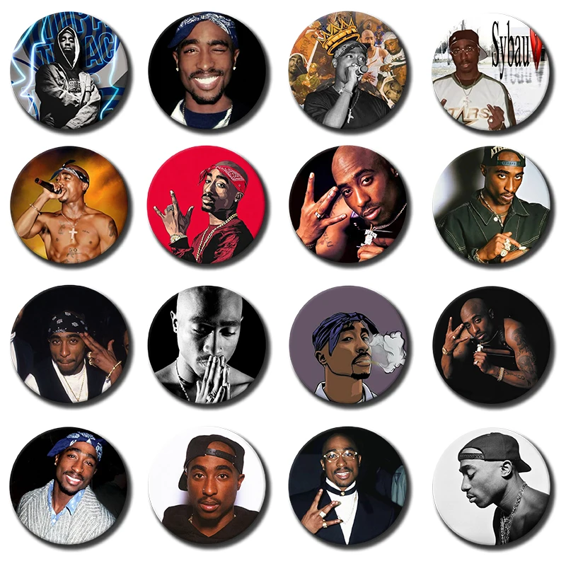 58mm Rapper T-Tupac Shakur Button Brooches Handmade Coin Badges Singer Lapel Pins Backpack Ornaments Jewelry Gifts for Friends