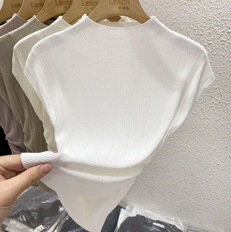 2026 Spring Summer Ice Silk Knit T-Shirt Half High Neck Waist Slimming Unique Design Slim Fit Short Sleeve Inner Tops