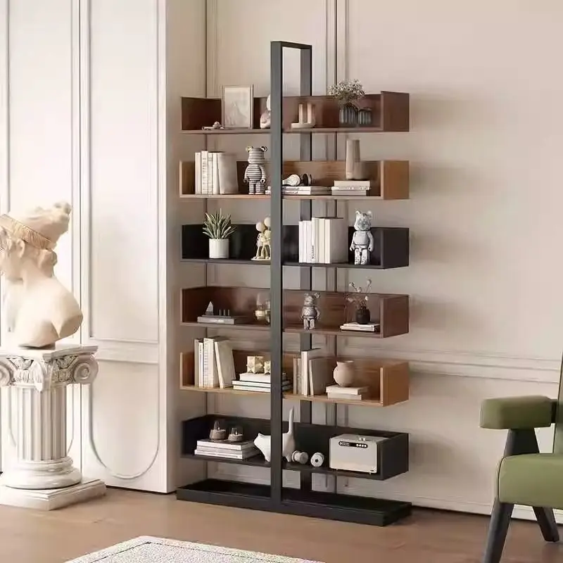 Light luxury wrought iron solid wood bookshelf Floor shelf Living room multi-layer storage shelf Household simple bookcase