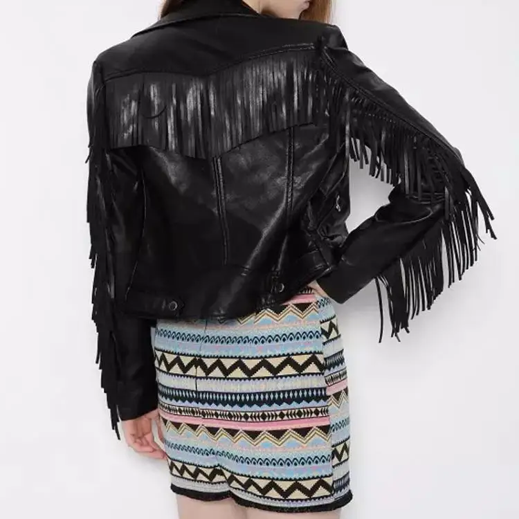 Jaket Kulit PU Bla Metalik dengan Ritsleting Pinggiran Slim Fit Panjang Sve Pakaian Luar Faion Wanita Keluaran Baru Musim Gugur