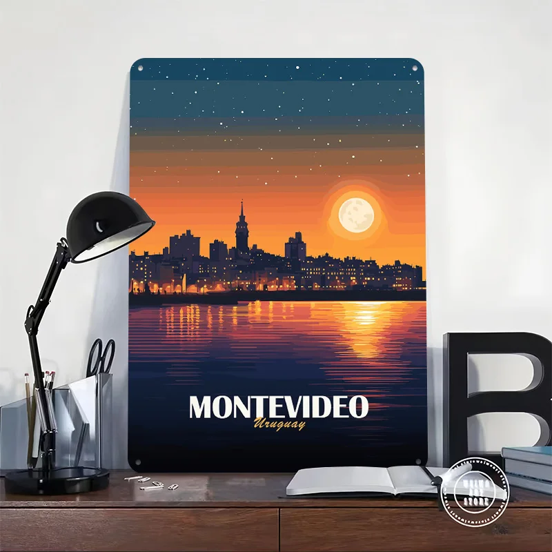 Montevideo Uruguay Cityscape At Night Personalized 3D Textured Metal Poster Wall Art Tinplate Sign for Article Decoration Room