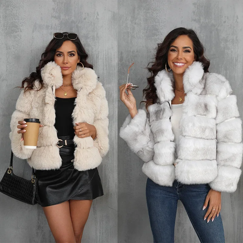 Short Faux Fur Jacket Women Thick Full Sleeve Coat Warm Solid Zipper Stand Collar Elegant Lady Outerwear Regular Winter 2024