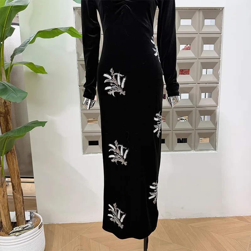 خريف شتاء موضة جديدة التطريز الثقيل الخامس الرقبة سليم صالح المخملية النساء فساتين فاخرة عيد الميلاد حفلة الكرة ثوب السيدات الملابس #5