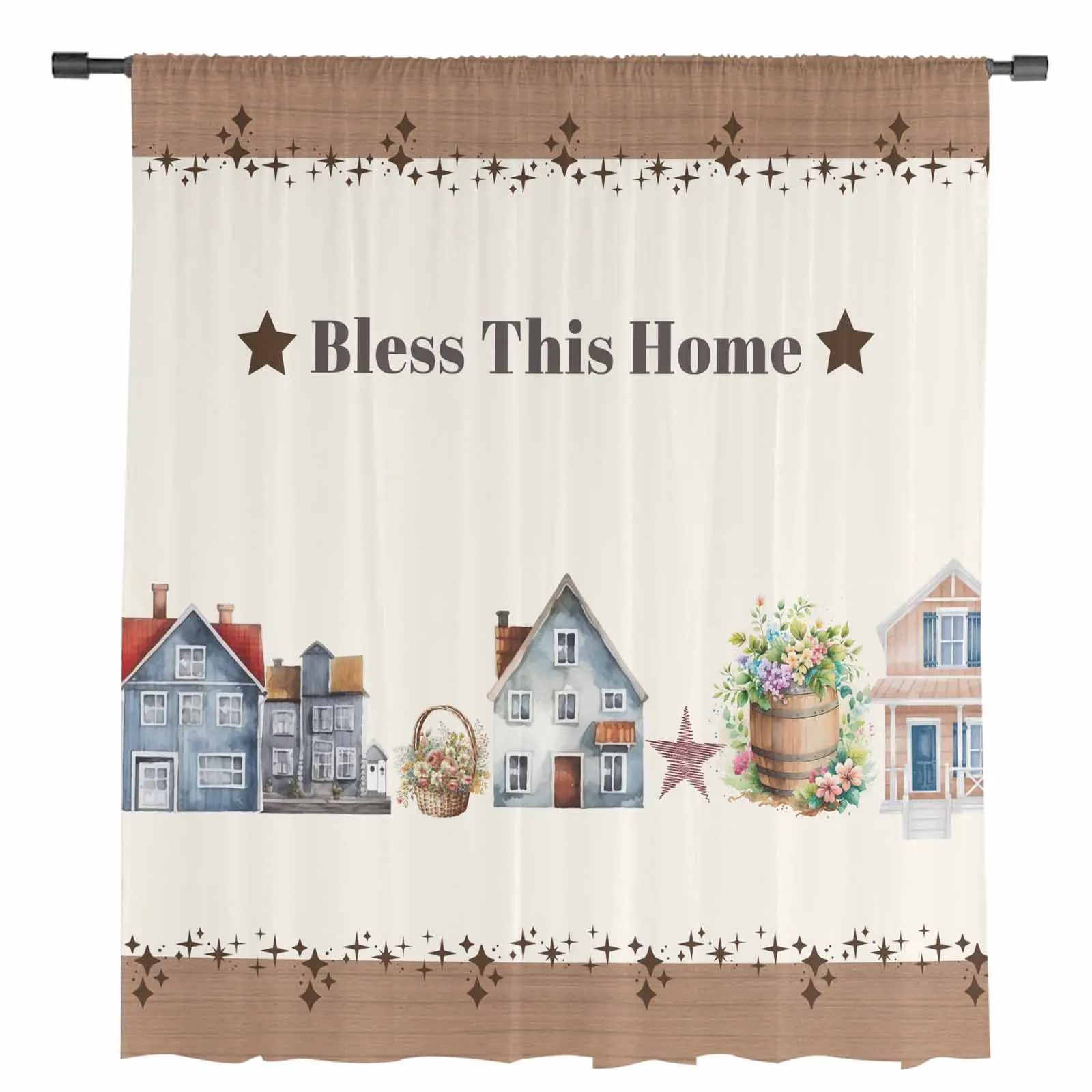 Watercolor House Stars Wood Grain Tulle Curtains for Living Room Bedroom Modern Chiffon Sheer Voile Kitchen Window Curtain