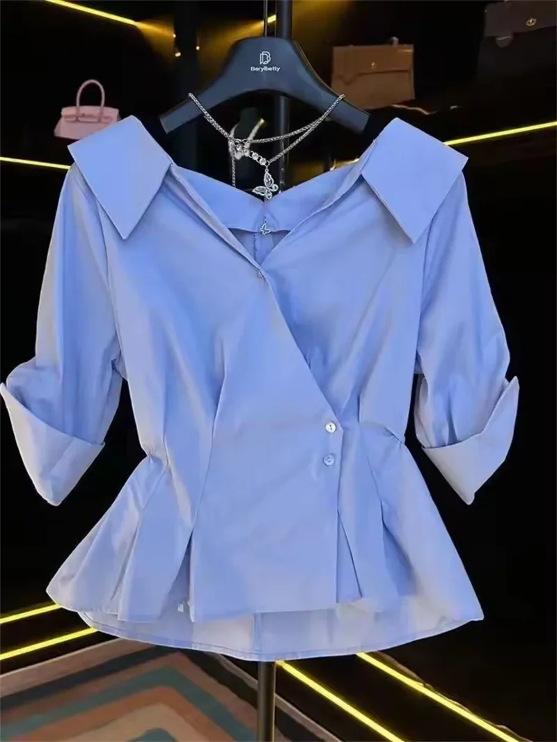 Pop Pop Elegant Short Sleeve V-Neck Shirt Women's Slim Blouse 2025 New Korean Commute High Waist Side Buckle Tops Female