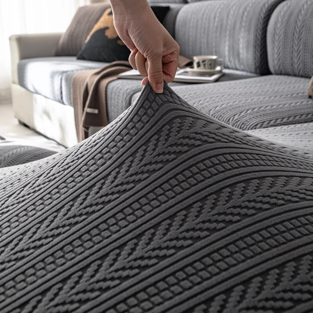 Stretchy Fleece Solid Colour Jacquard Sofa Cover, Elastic Universal Fit for Couch Seat Cushion Cover All Seasons Protector