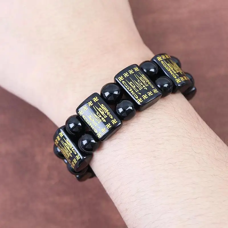 

New six-character mantra hand row men's and women's imitation obsidian bracelet summer square row Buddha beads bronzing square