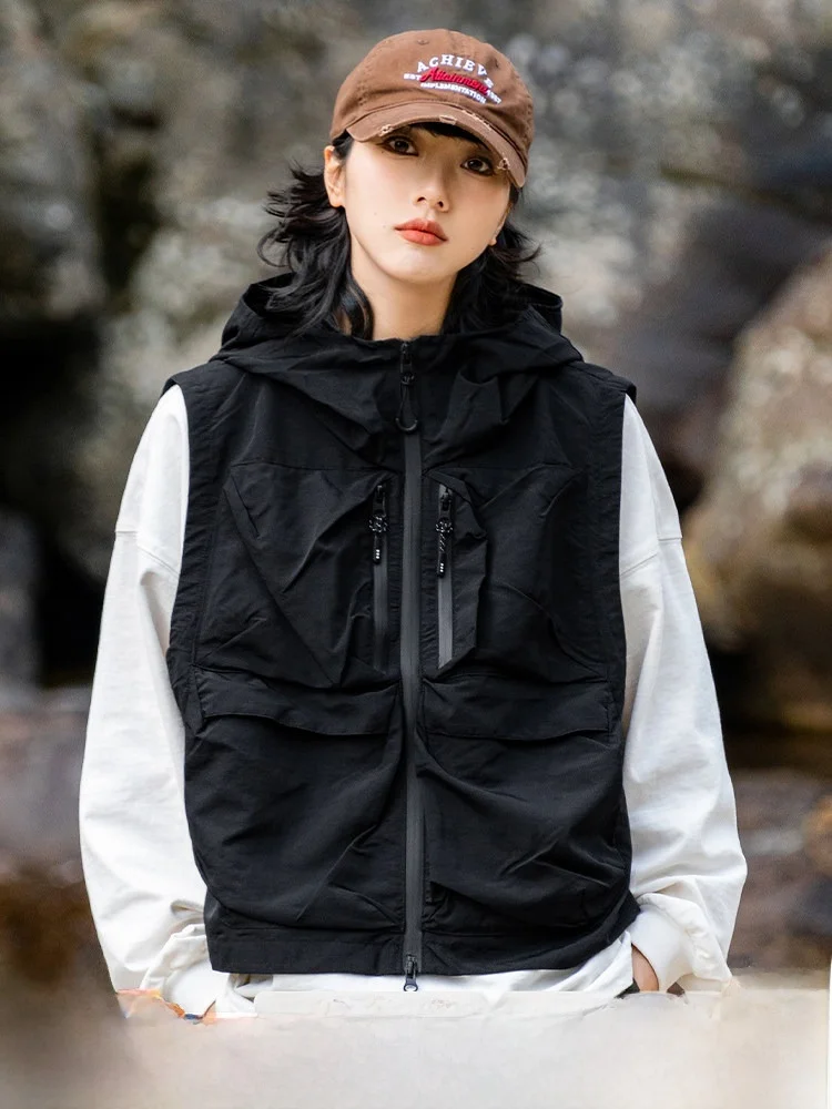 

Outdoor Fiing Vest Windproof Waterproof Zipper Hooded Jaet ort Sle Men's Faion Workwear Street Sle Nylon Fabric