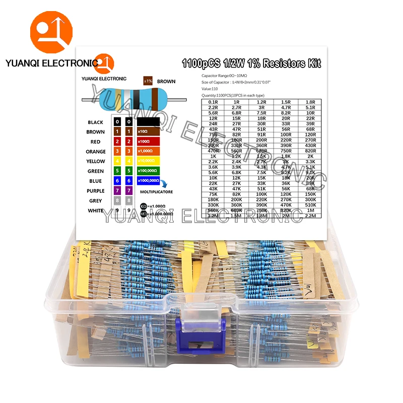 

1100pcs 1/2W Metal Film Resistor Kit 1% 0.1 ohm - 2.2M 110 ValuesX10pcs 0.5W Resistance Set Assortment Pack