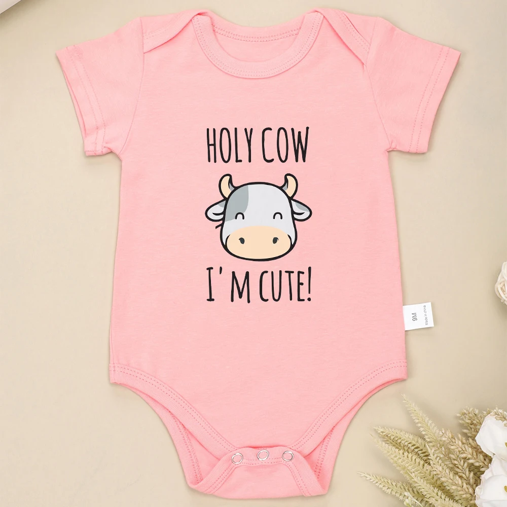 Holy Cow I'm Cute Baby Girl Clothes Items Pink Bodysuits Cartoon Fashion Cotton 0-24 Month Newborn Boy Onesies Toddler Playsuit