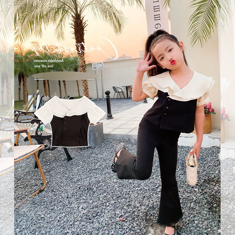 Girls' Set Summer Outfit New French Style Small Temperament Style Big Collar Top+slim Fit Pants for Children's Clothing Set