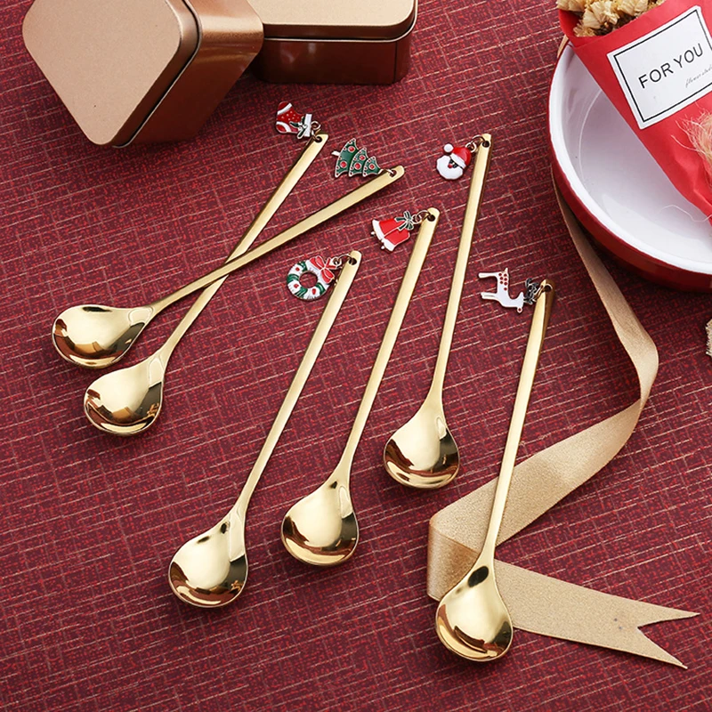 

Christmas Gift Set Coffee Spoon And Fork Stainless Steel Gold Silver Elk Santa Claus Crutches Bells Tableware Dessert Xmas Tree