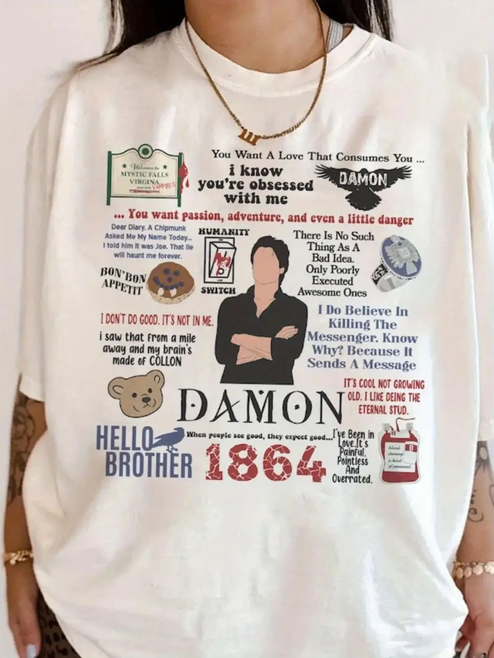 Team Damon Grafik-T-Shirt The Vampire Diaries Damon Salvador TVD Vampire Diaries Referenz-T-Shirt Lässiges Print-T-Shirt Unisex