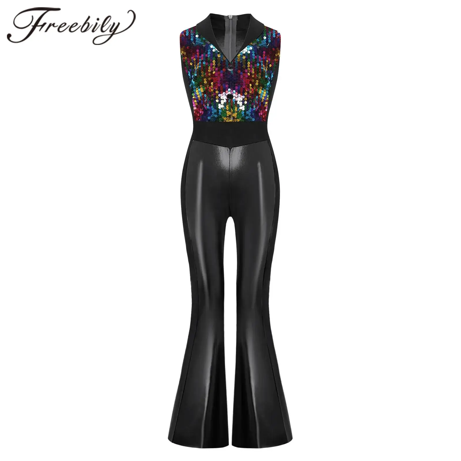 

Детский костюм для уличных джазовых танцев для девочек: металлический комбинезон-боди в стиле 70-х, наряд для дискотеки, расклешенный комбинезон с пайетками и отложным воротником