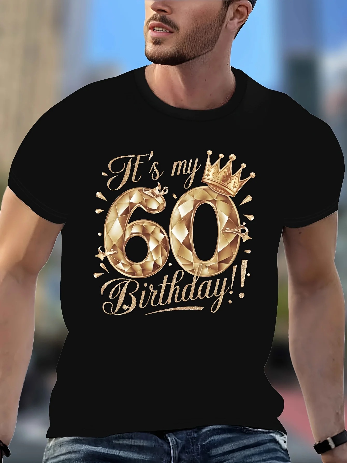 2026 It's My 60th Birthday Men's T-Shirt - Golden Crown & Number 60 Geometric Print, Casual Short Sleeve Cotton Tee, Machine Was