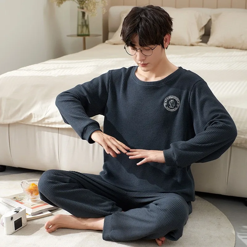 Spring Autumn Mens Waffle Pyjama Sets T-shirts+Pants Two Pieces Suit Cartoon Sleepwear Male Loose Nightwear Casual Home Clothes