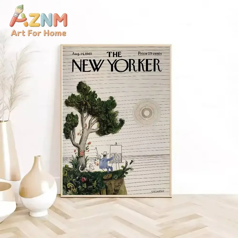 AZNM Frameless Canvas Wall Art, The New Yorker Vintage Magazine Cover Print, Decor for Study Office Bedroom Retro Art Wall